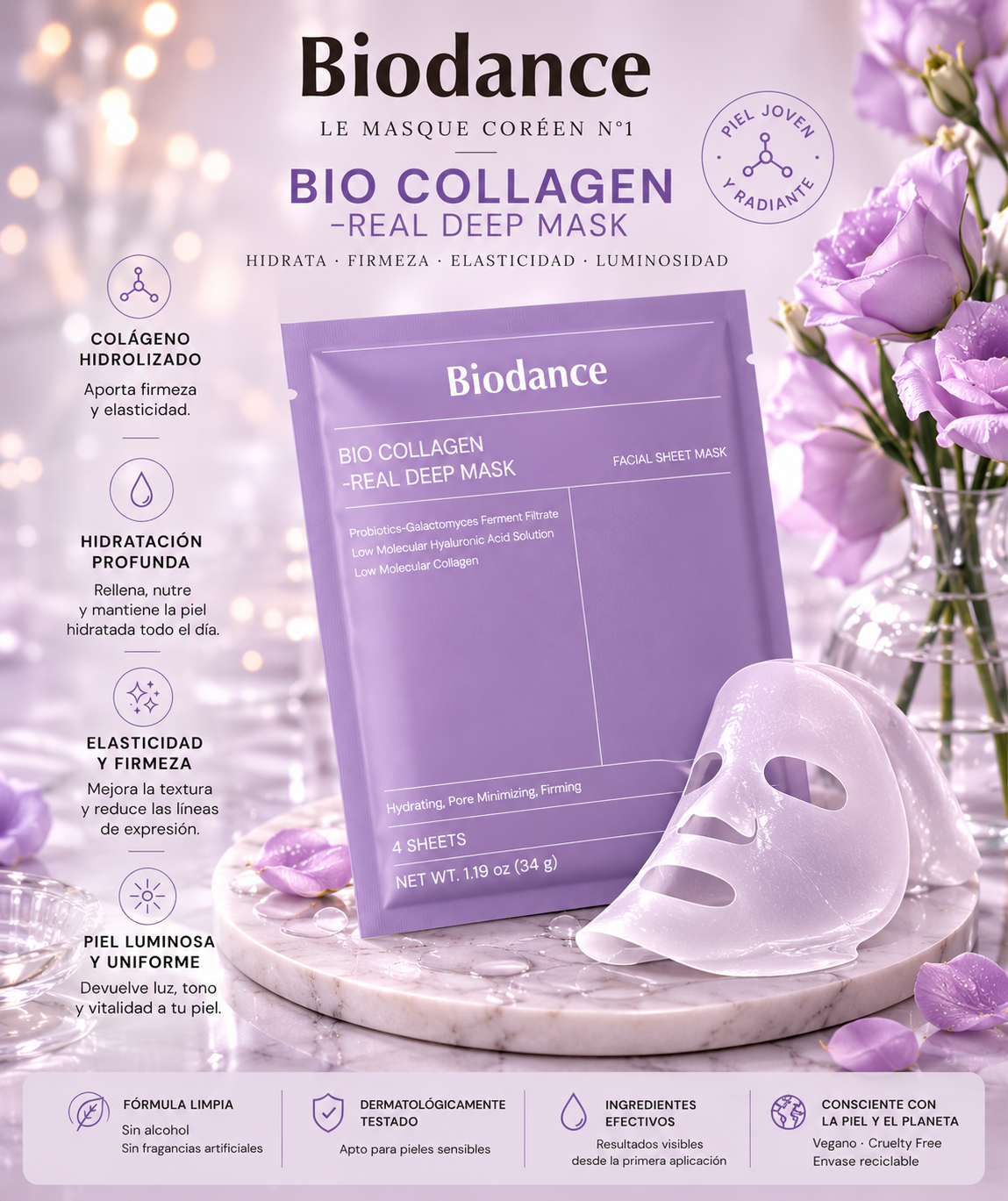 Mascarilla Facial de Colágeno Biodance Altamente Efectiva, Hidrata, Mejora la Elasticidad de la Piel, Reparación Calmante, Cuidado Facial No Irritante