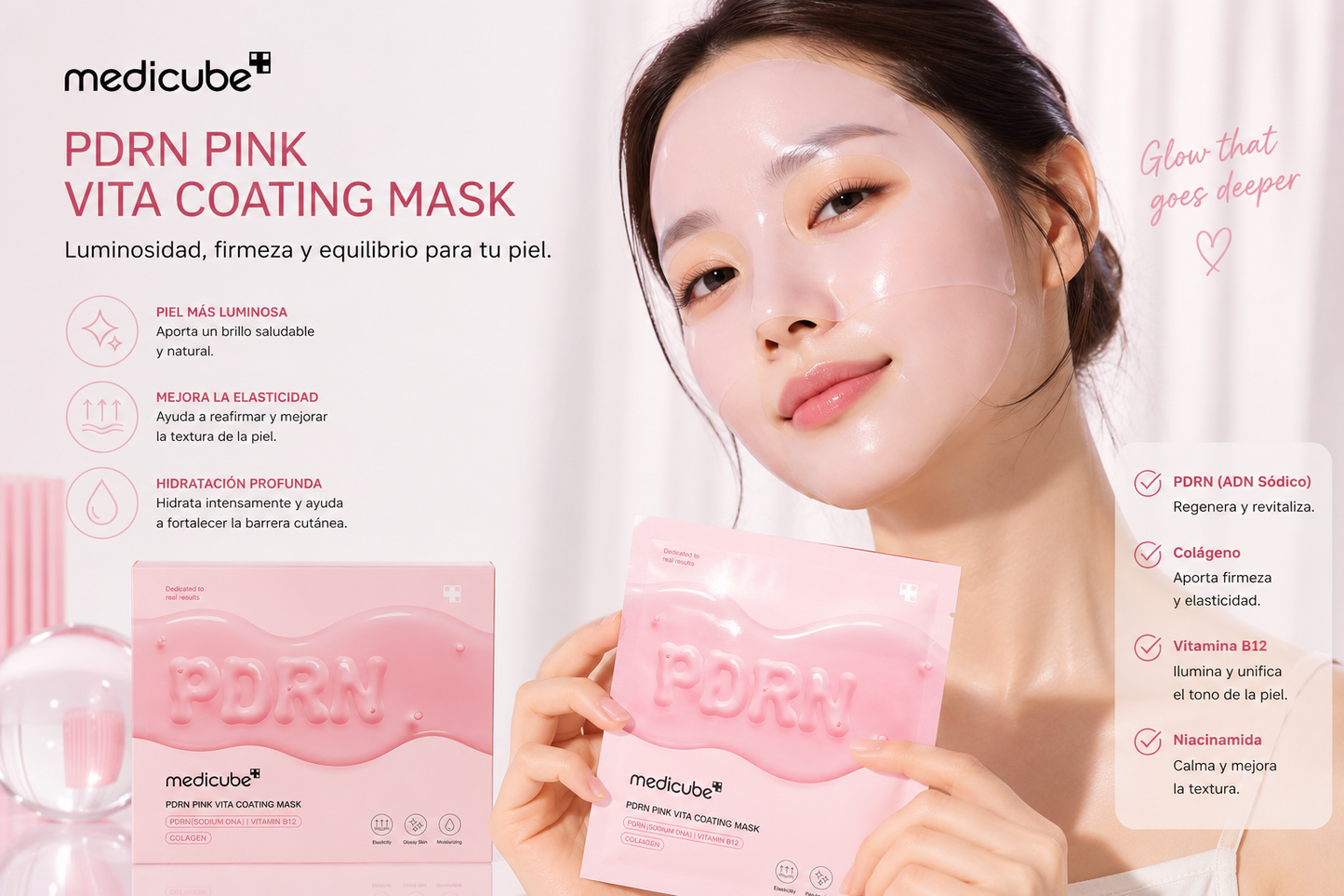Mascarilla Facial Medicube PDRN Pink Vita Coating Mask 10 Unidades | Hidrogel Hidratante con Colágeno y Vitamina B12 | K-Beauty Coreano