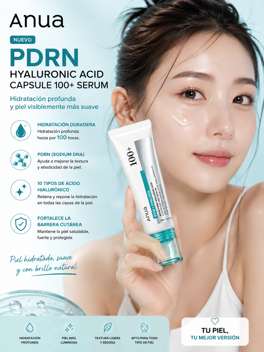 Crema Hidratante Coreana PDRN con Ácido Hialurónico 100, Crema Hidratante Profunda y Calmante para el Rostro, 60 ml, Cuidado Facial