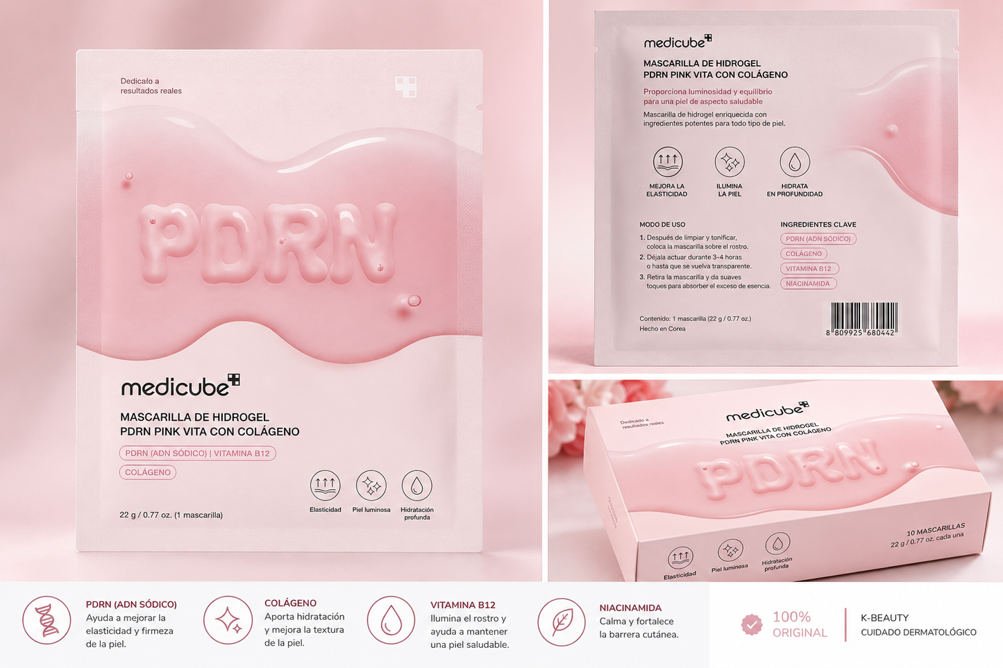 Mascarilla Facial Medicube PDRN Pink Vita Coating Mask 10 Unidades | Hidrogel Hidratante con Colágeno y Vitamina B12 | K-Beauty Coreano