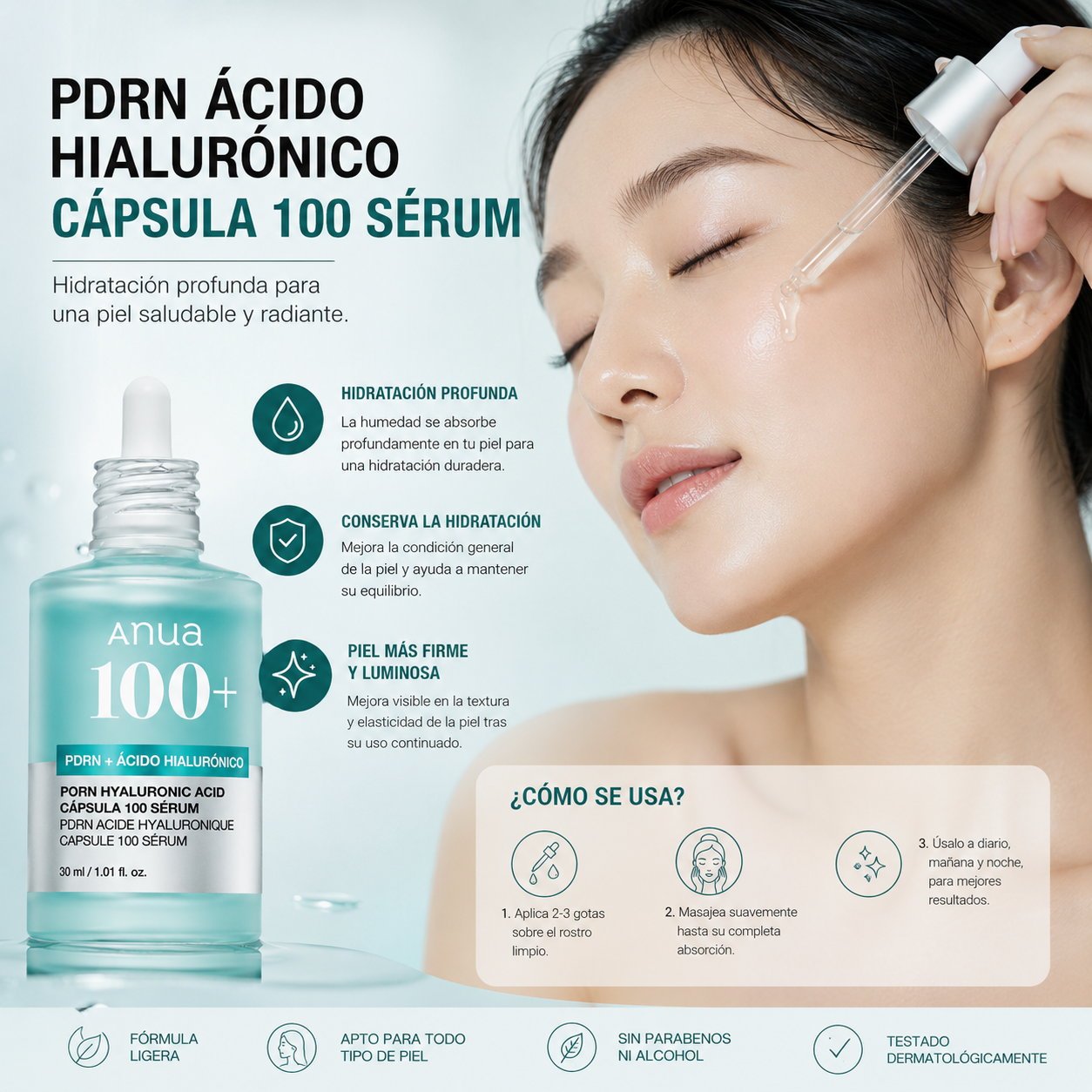 Sérum Facial ANUA PDRN Hyaluronic Acid Capsule 100 Serum | Ácido Hialurónico, PDRN y Niacinamida | Glow Coreano K-Beauty