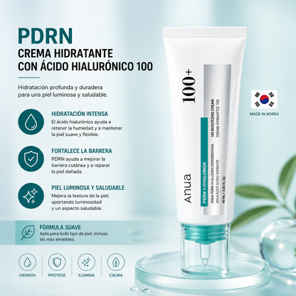 Crema Hidratante Coreana PDRN con Ácido Hialurónico 100, Crema Hidratante Profunda y Calmante para el Rostro, 60 ml, Cuidado Facial