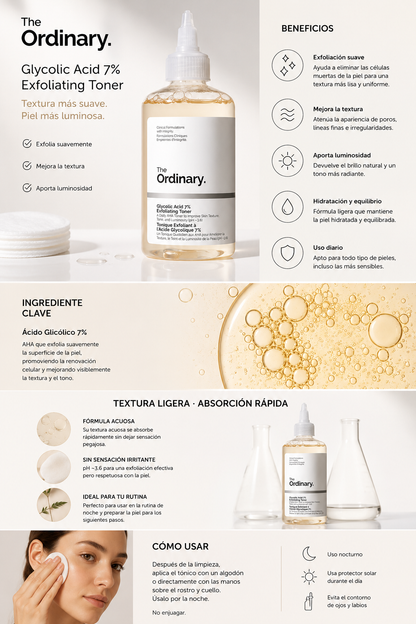 Tónico Facial Ácido Glicólico 7% 100 ml | Exfoliante Suave, Hidratante y Renovador de la Piel | Cuidado Facial