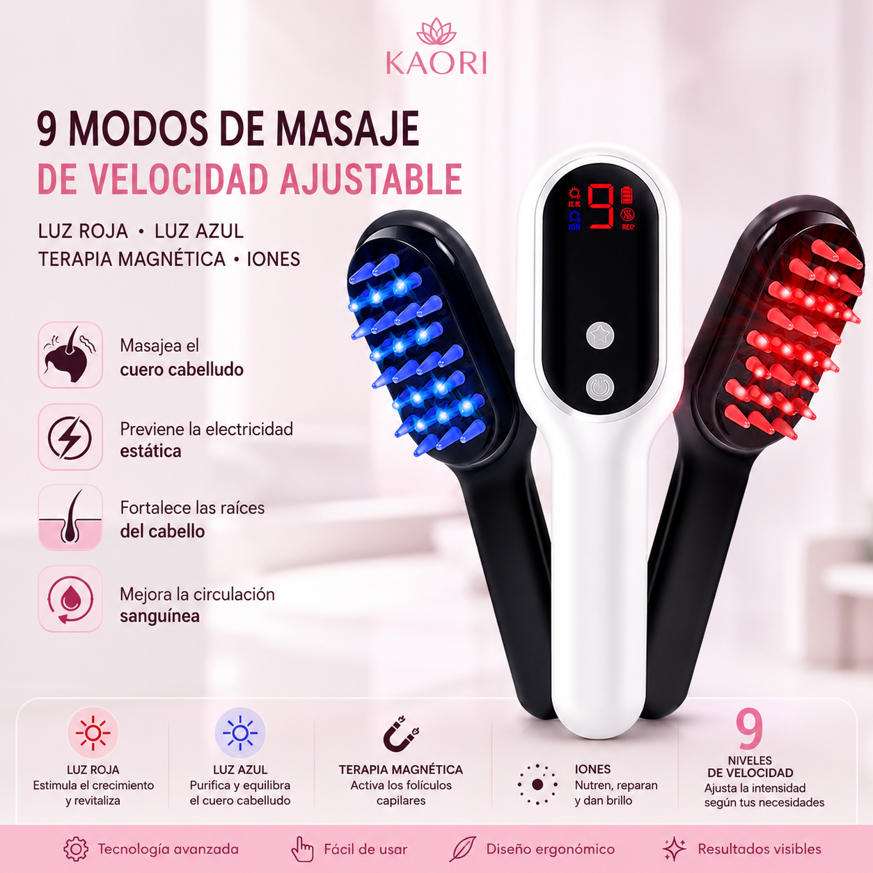 Peine Láser Anticaída LED para el Crecimiento del Cabello | Masajeador Capilar con Luz Roja e Infrarroja – KAORI