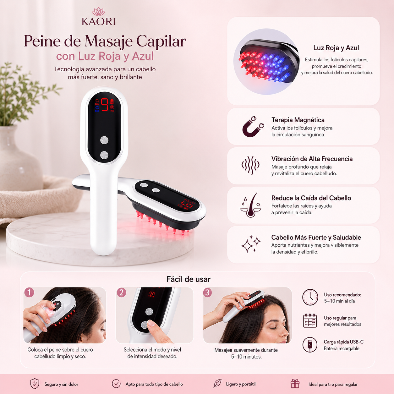 Peine Láser Anticaída LED para el Crecimiento del Cabello | Masajeador Capilar con Luz Roja e Infrarroja – KAORI